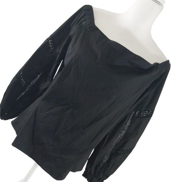 WHITE HOUSE BLACK MARKET! RICH BLACK STRETCH PEASANT BLOUSE, OFF SHOULDER! SZ M - Picture 1 of 7